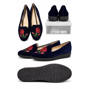 Moca Navy Faux Suede Embroidered Rose Floral Flats 7 Cottagecore Ballet Loafers